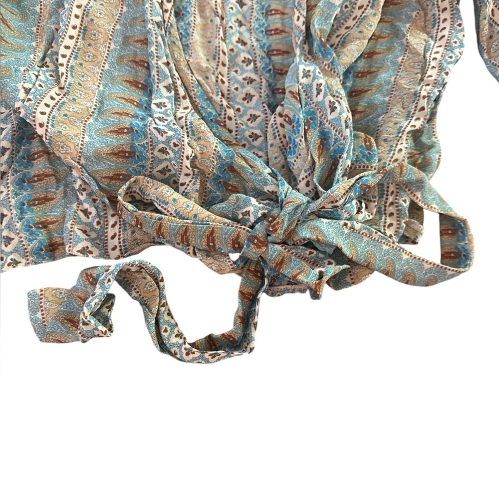 Boho Tie-Front Kimono Blouse Wrap Around Top in Teal and Beige Festival Vibes - Picture 2 of 5